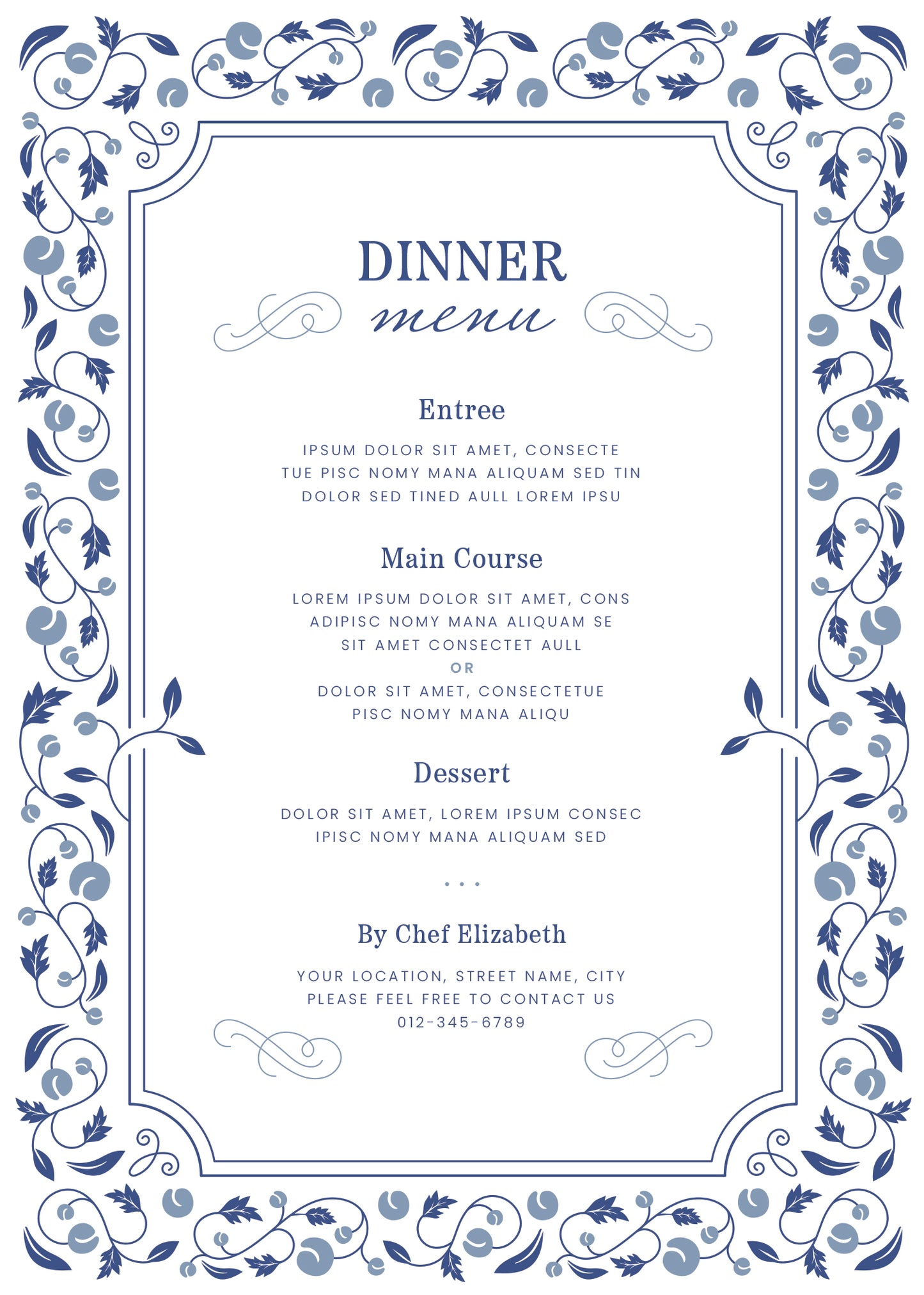 Wedding Menu- Blue and White